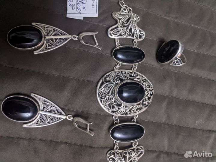 Серебряный браслет, серьги, кольцо