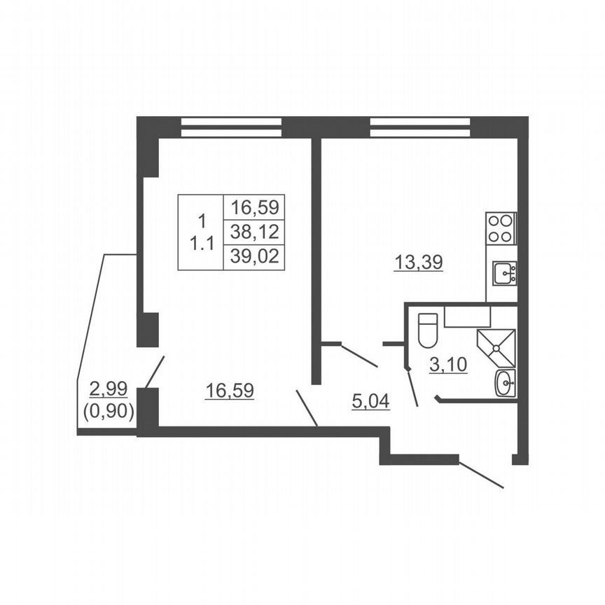 1-к. квартира, 39 м², 12/16 эт.