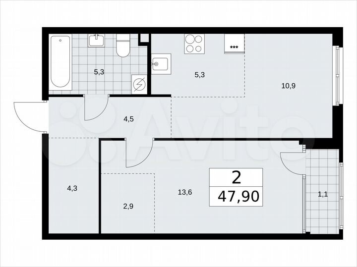 2-к. квартира, 47,9 м², 2/16 эт.