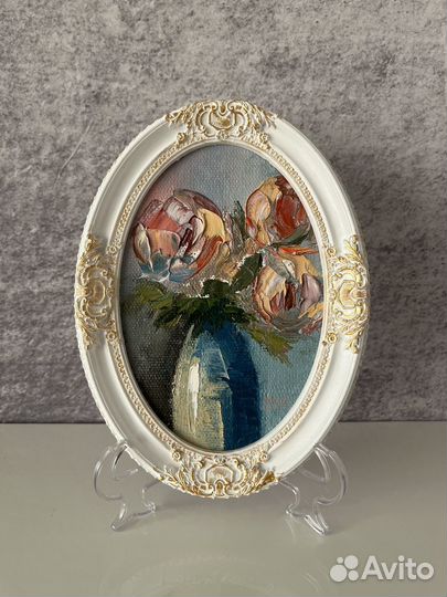 Картина маслом миниатюра в рамке Розы