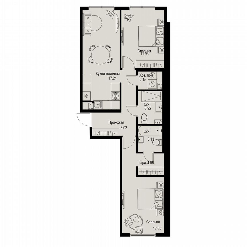2-к. квартира, 63,3 м², 2/6 эт.