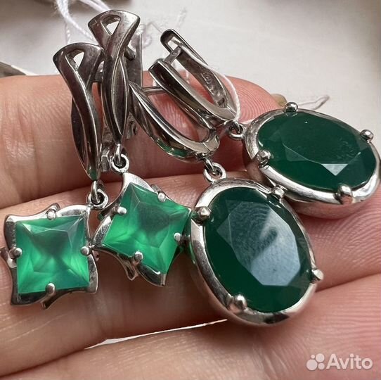 Серьги серебро 925 зеленый агат новые украшения