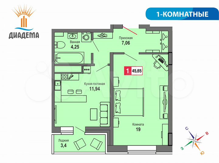 1-к. квартира, 45,7 м², 13/22 эт.