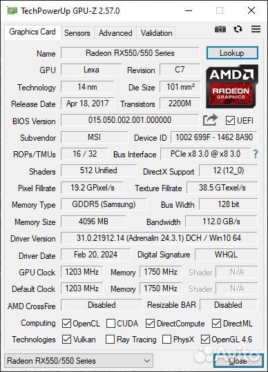Radeon RX 550 msi 4Gb
