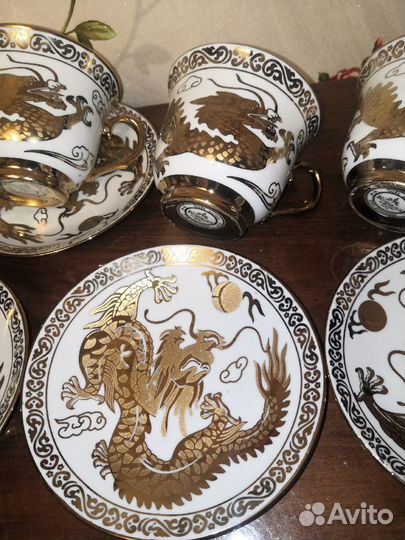 Чайная пара золотой дракон,посуда тарелки Китая