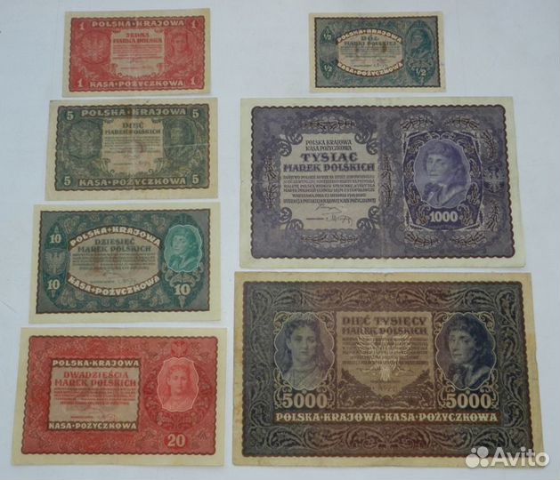 Польша набор 1/2,1,5,10,20,1000,5000 марок 1919г