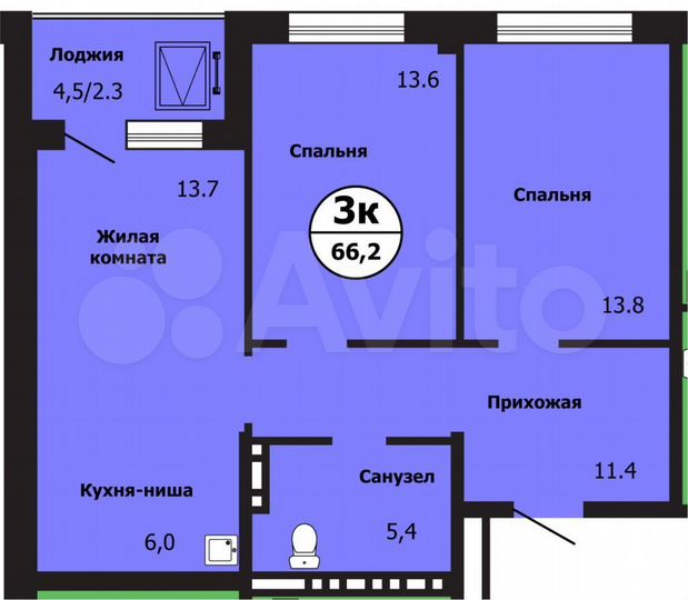 3-к. квартира, 66,2 м², 10/18 эт.