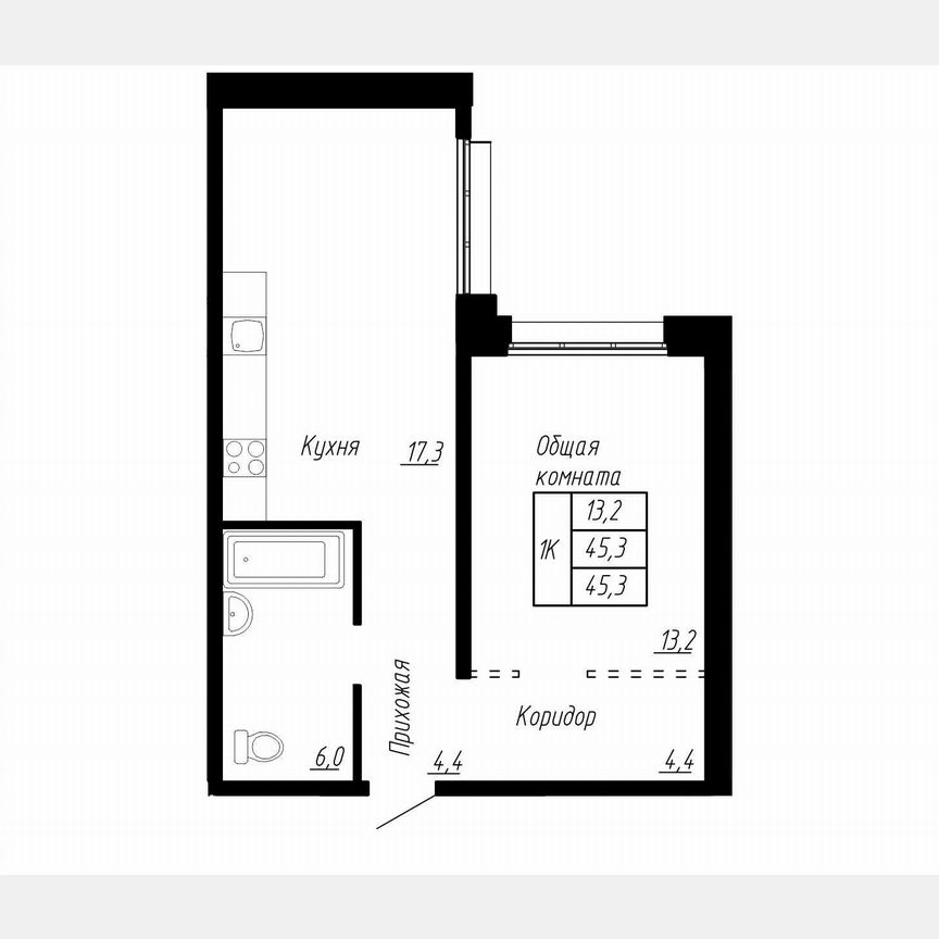 1-к. квартира, 45,3 м², 1/17 эт.