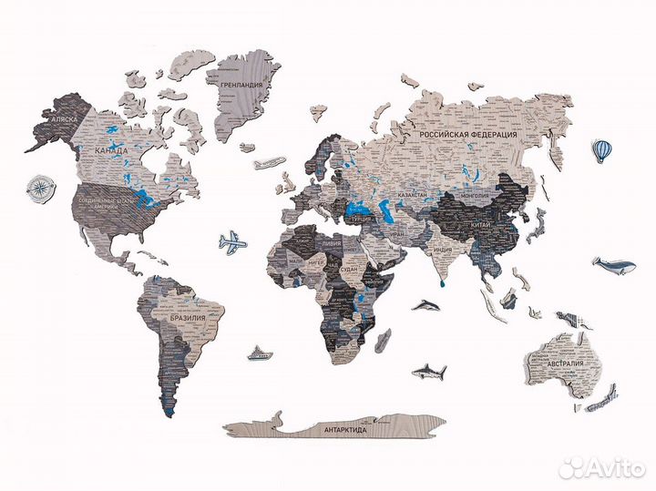 Деревянная карта мира настенная, Ханты-Мансийск