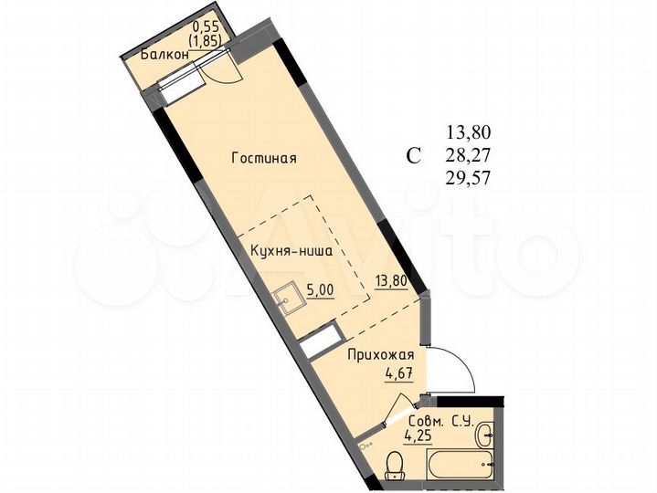 Квартира-студия, 28,3 м², 2/17 эт.