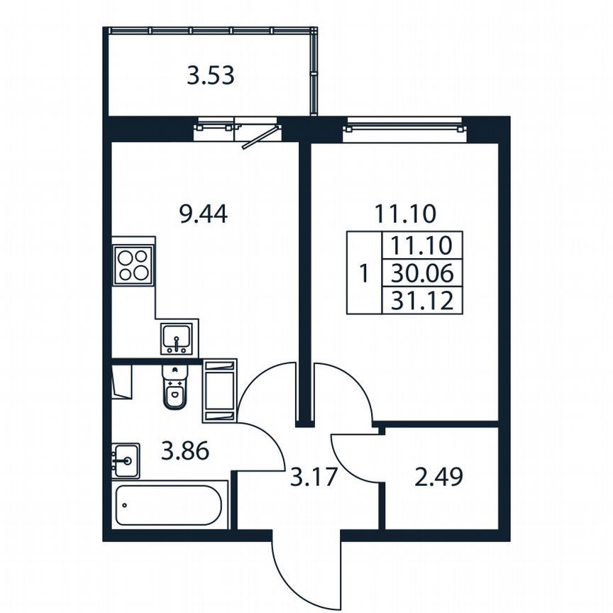 1-к. квартира, 31,1 м², 12/12 эт.