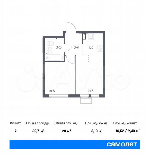2-к. квартира, 32,7 м², 12/14 эт.