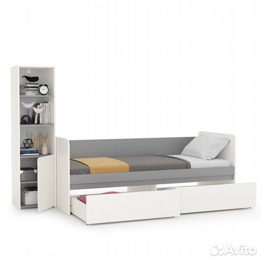 Кровать с ящиками Торонто со стеллажом, цвет белый шагрень/стальной серый, шхгхв 234х84,4х149,7 см