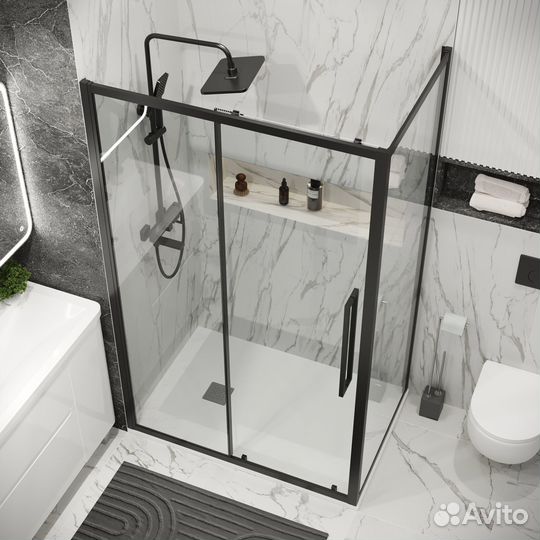 Душ перегородка 90x195 см, черн мат, прозрачн сте