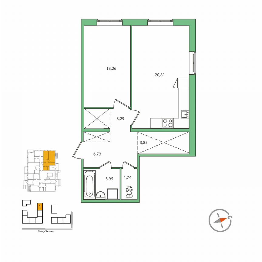 1-к. квартира, 53,8 м², 1/9 эт.