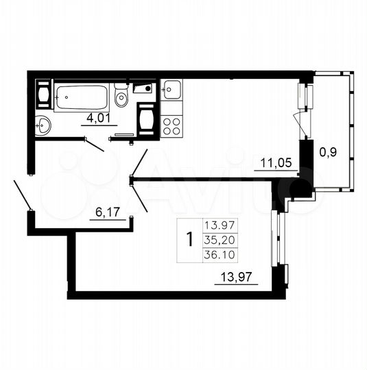 1-к. квартира, 36,1 м², 10/12 эт.