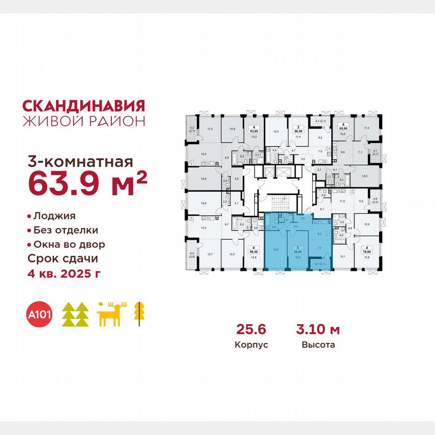 3-к. квартира, 63,9 м², 12/17 эт.