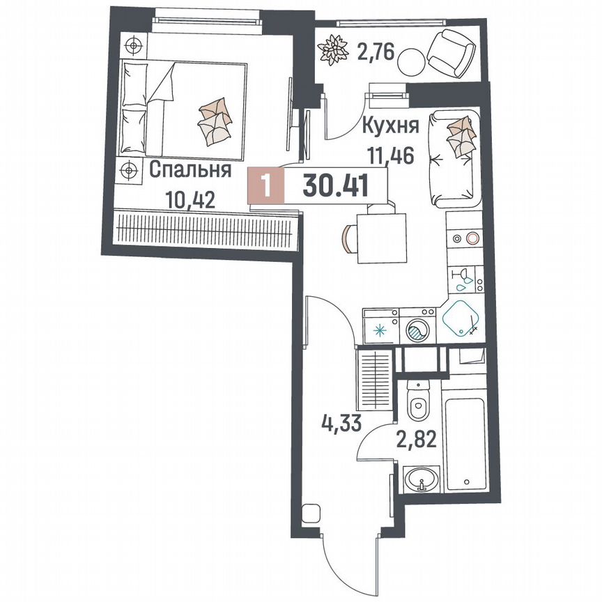 1-к. квартира, 30,4 м², 14/18 эт.