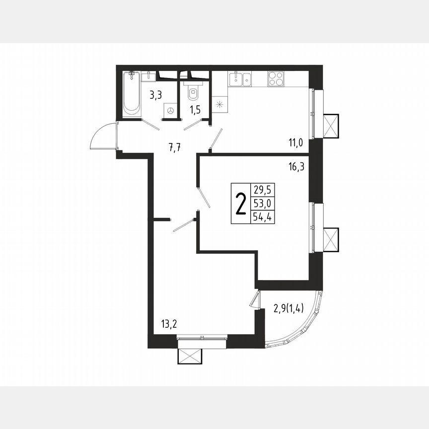 2-к. квартира, 54,4 м², 2/10 эт.