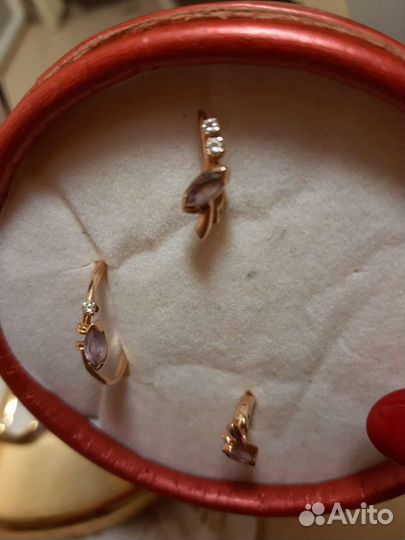 Кольцо с серьгами, 585 проба, камень аметист с бри