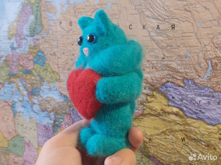 Валяный из шерсти кот Мягкая игрушка мятный котик