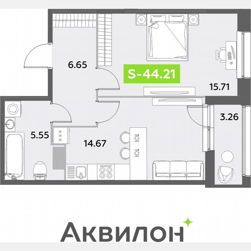 1-к. квартира, 44,2 м², 2/12 эт.