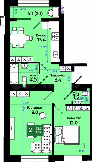 2-к. квартира, 57,4 м², 2/3 эт.