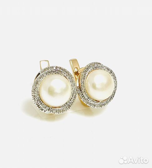 Золотые серьги с фианитами и жемчугом