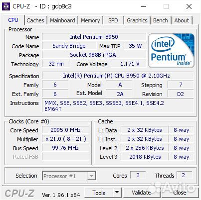 Процеccор для ноутбука intel b950