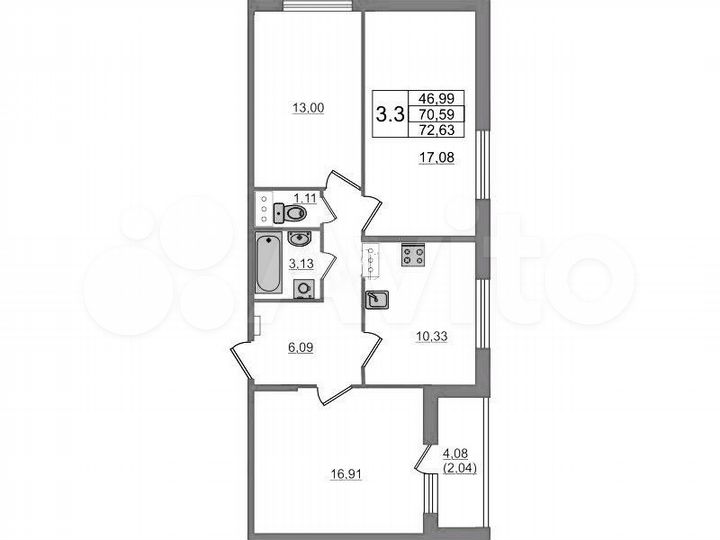 3-к. квартира, 72,6 м², 8/8 эт.