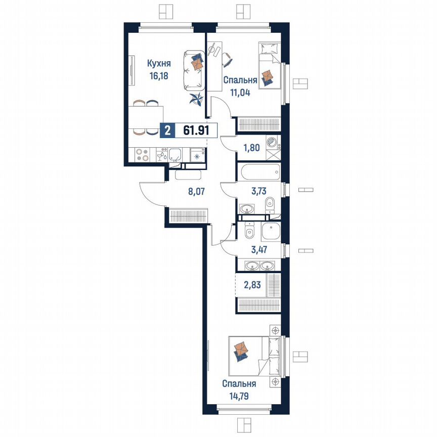 2-к. квартира, 61,9 м², 6/18 эт.