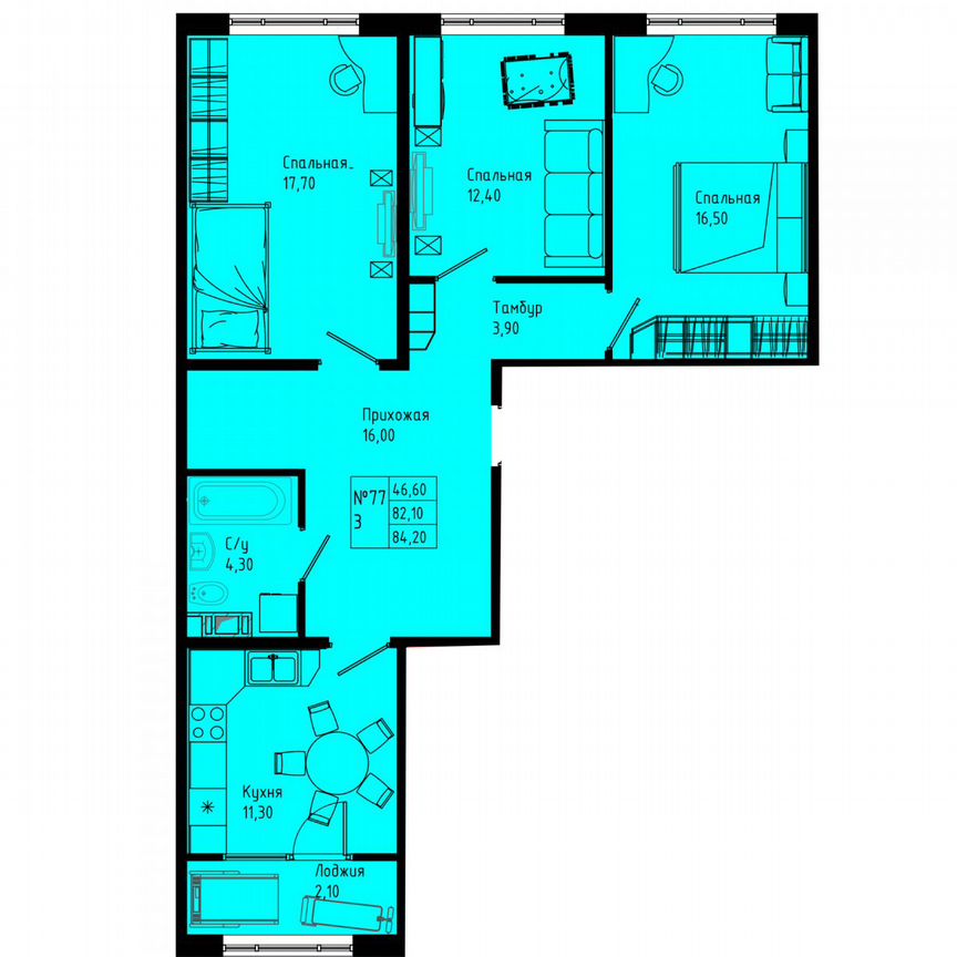 3-к. квартира, 84,2 м², 7/8 эт.