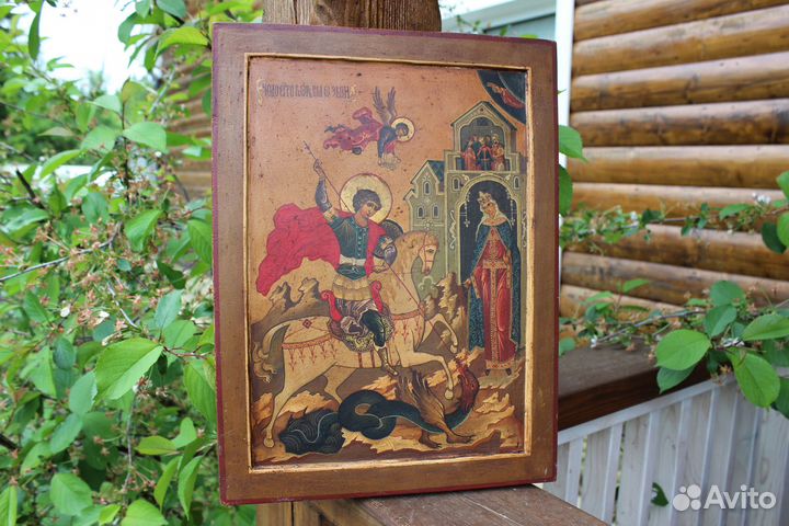 Старинная Икона Палех Георгий Победоносец 40*30