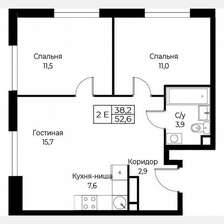 2-к. апартаменты, 52,6 м², 3/30 эт.
