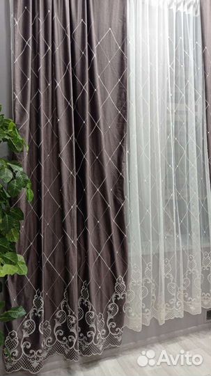 Бархатные шторы с жемчугом,ромб.тюль компаньон