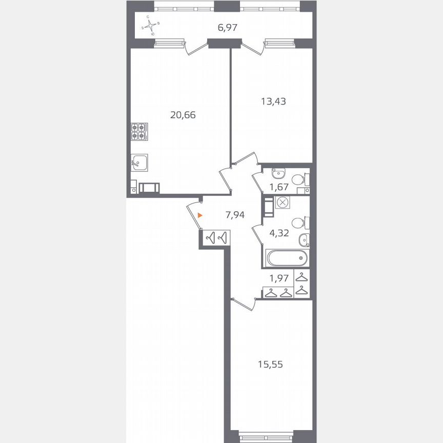 2-к. квартира, 69 м², 5/16 эт.