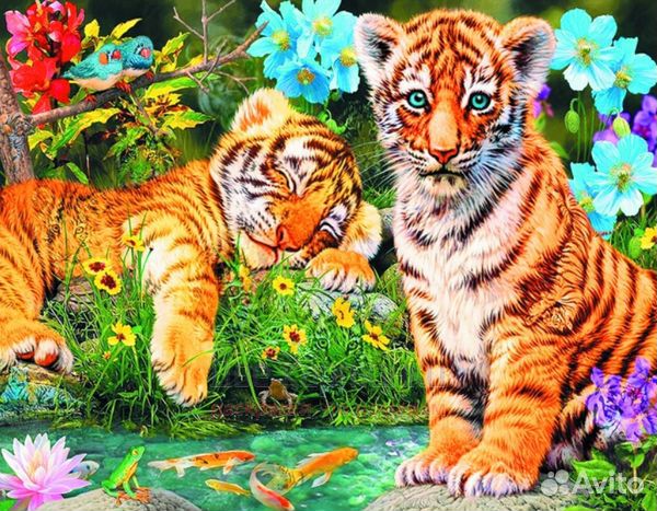 Алмазная мозаика 40x50 Тигрята отдыхают среди цвет