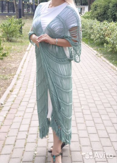 Пляжная туника, вязаная,хлопок, ручная работа