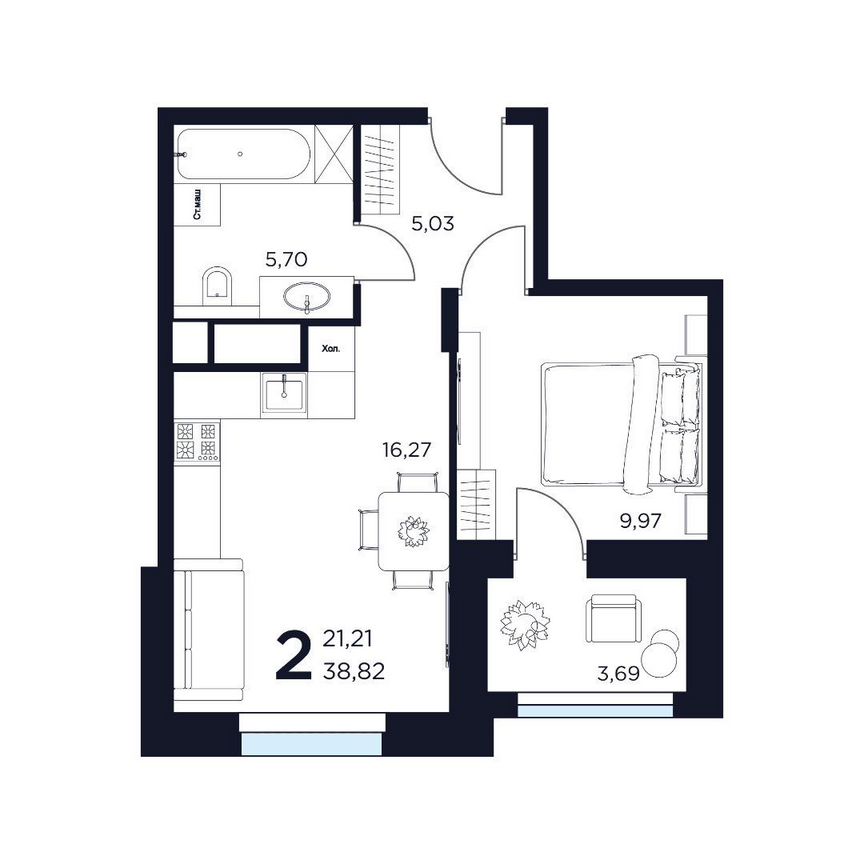 2-к. квартира, 38,8 м², 2/8 эт.