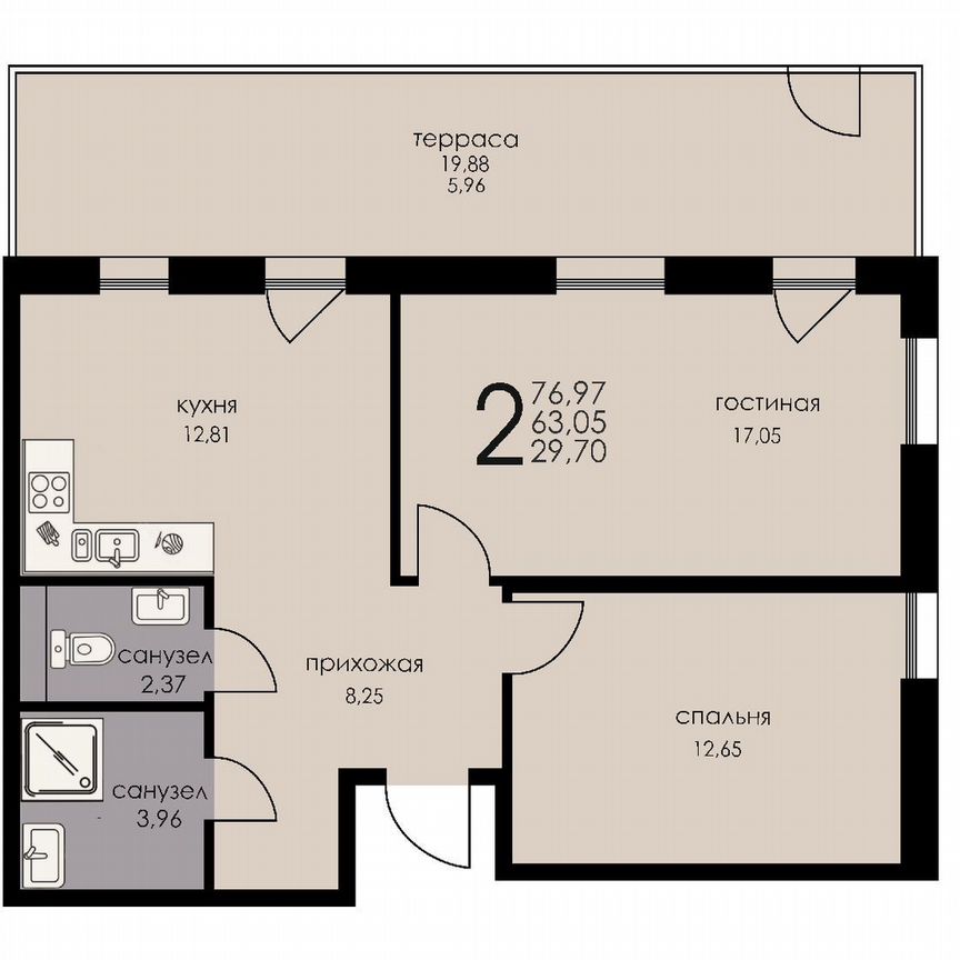 2-к. апартаменты, 62,3 м², 1/6 эт.