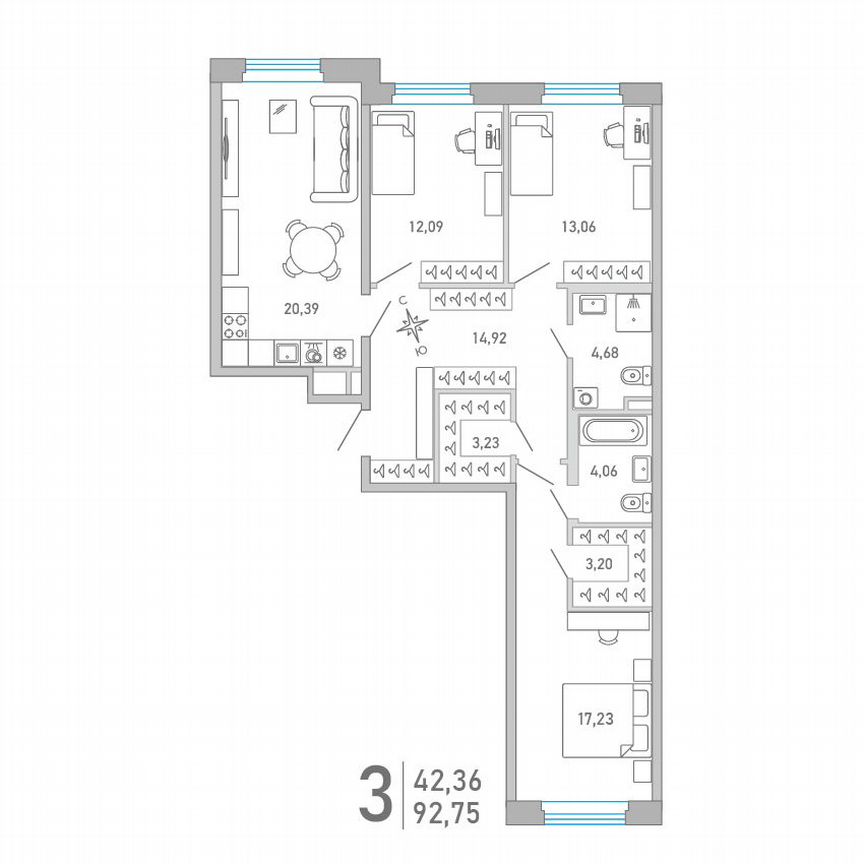 3-к. квартира, 92,8 м², 2/10 эт.