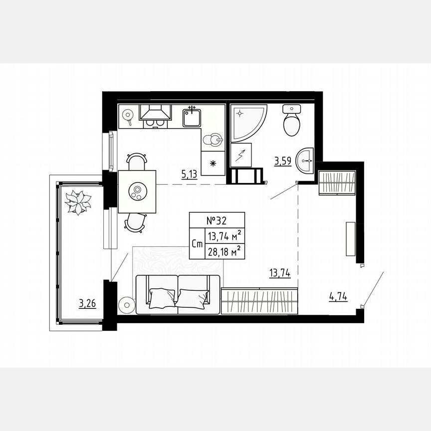 Квартира-студия, 28,2 м², 4/4 эт.