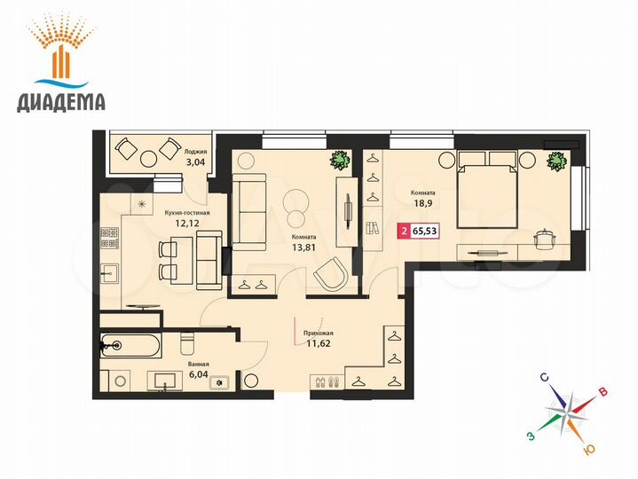 2-к. квартира, 65,5 м², 8/22 эт.