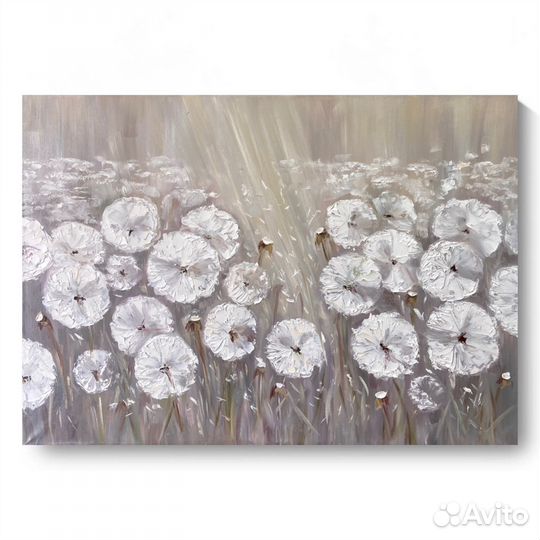 Картина маслом, одуванчики поле 50х70