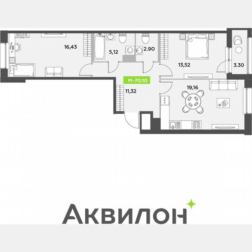 2-к. квартира, 70,1 м², 12/12 эт.