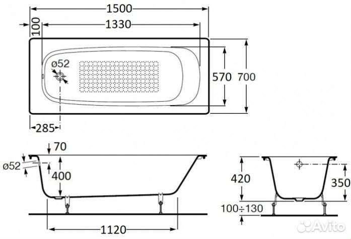 Ванна чугунная Roca Continental 150x70 см