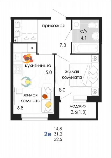 2-к. квартира, 32,5 м², 2/19 эт.