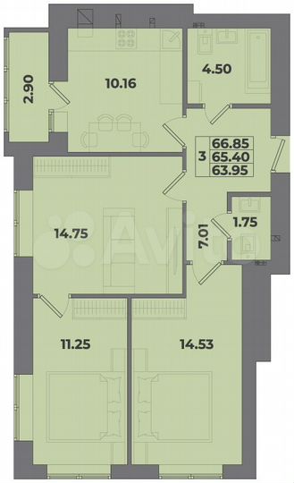 3-к. квартира, 66,9 м², 2/10 эт.