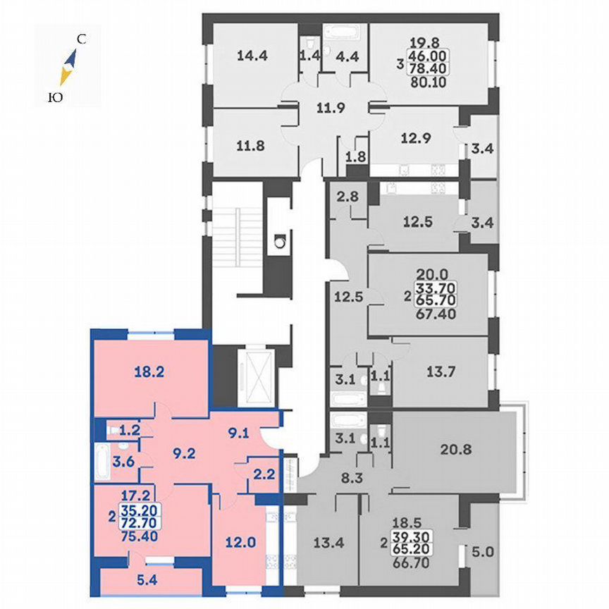 2-к. квартира, 75,4 м², 4/7 эт.