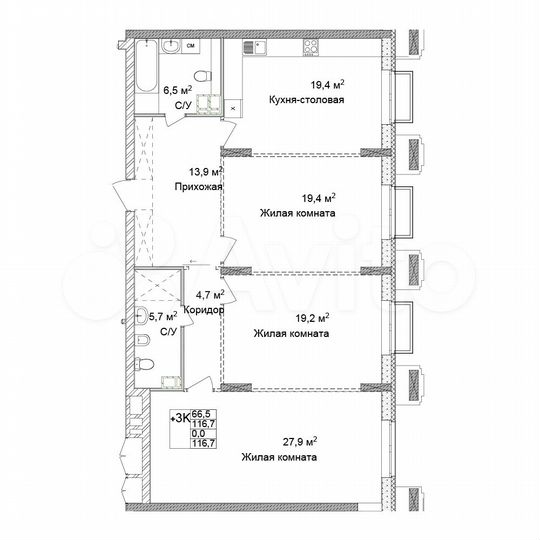 3-к. квартира, 116,7 м², 3/17 эт.